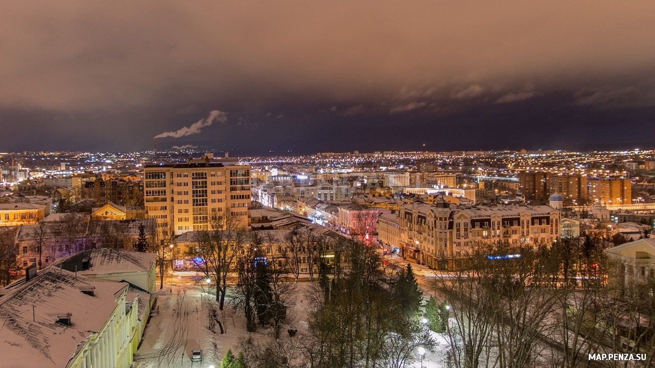 Пенза, зимний центр города, Современные, Профессиональные, Панорамные, С высоты, Зима, Вечер, Цветные