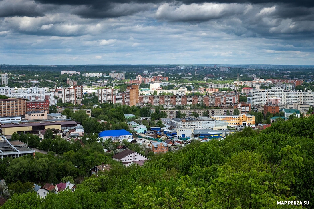 Пенза, вид на город с высоты птичьего полета, Современные, Панорамные, С высоты, Лето, День, Облака, Цветные